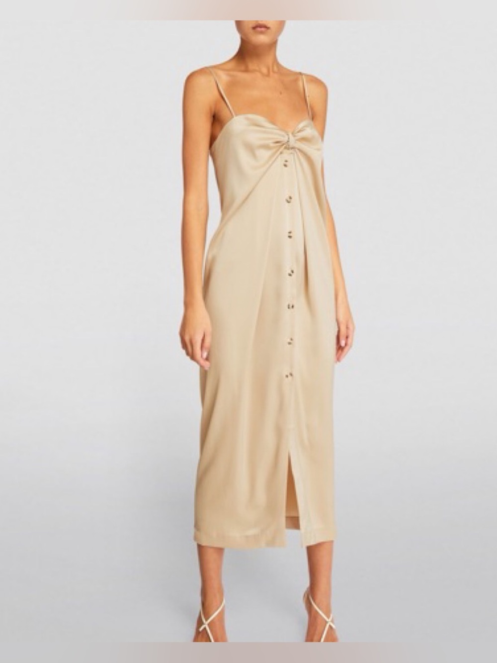 NWT Nanushka Doris Knot Detail Satin Midi Slip Dress in Pearl/Beige, Size Medium
